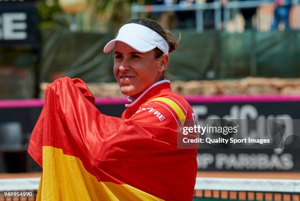 Anabel Medina captain of the Spanish team celebrates the victory against Paraguay during day two of the Fed Cup by BNP Paribas World Cup Group II...