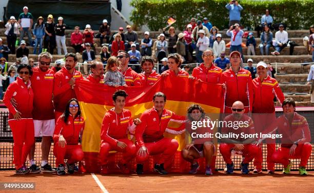 Spanish team pose for the photo after the victory against Paraguay during day two of the Fed Cup by BNP Paribas World Cup Group II match between...