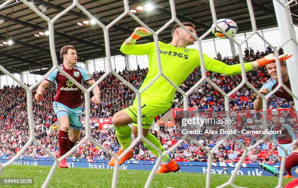 Burnley's Ashley Barnes scores his side's equalising goal to make the score 1-1 during the Premier League match between Stoke City and Burnley at...