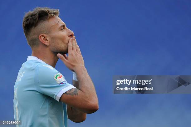 Ciro Immobile of SS lazio celebrates a fourth goal during the serie A match between SS Lazio and UC Sampdoria at Stadio Olimpico on April 22, 2018 in...