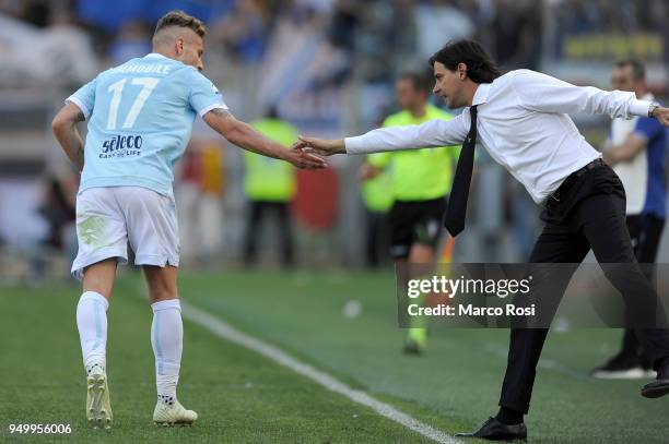 Ciro Immobile of SS Lazio celebrates a fourth goal with Simone Inzaghi during the serie A match between SS Lazio and UC Sampdoria at Stadio Olimpico...