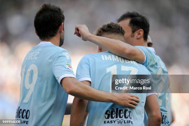 Ciro Immobile of SS lazio celebrates a fourth goal during the serie A match between SS Lazio and UC Sampdoria at Stadio Olimpico on April 22, 2018 in...