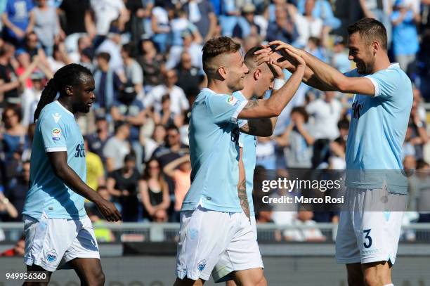 Ciro Immobile of SS lazio celebrates a third goal with his team mates during the serie A match between SS Lazio and UC Sampdoria at Stadio Olimpico...