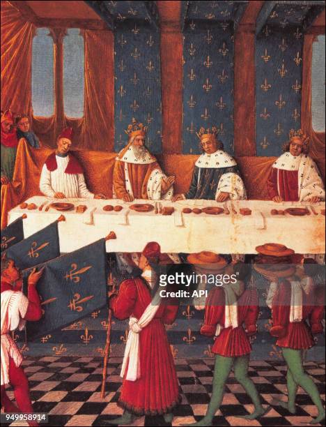 Enluminure du 15ème siècle par Jean Fouquet, issue du manuscrit des 'Grandes Chroniques de France' sur la visite de l'empereur de Bohème Charles IV...