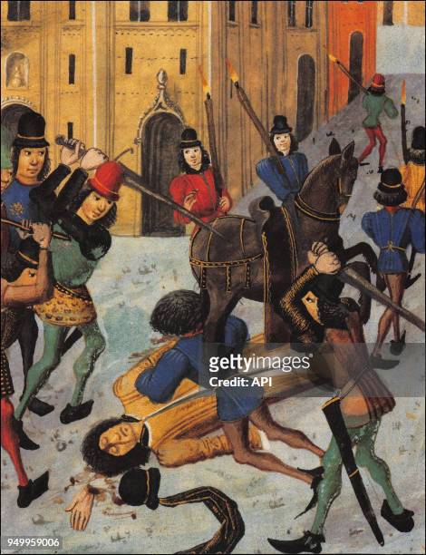 Enluminure du 15ème siècle par le maître de 'La chronique d'Angleterre' sur l'assassinat du duc Louis 1er d'Orléans le 23 novembre 1407 à Paris,...