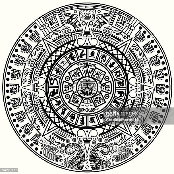 ilustraciones, imágenes clip art, dibujos animados e iconos de stock de tarde, de hecho, crece la hora - calendario azteca