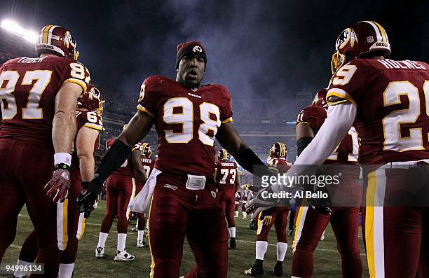 Brian Orakpo of the Washington Redskins is introduced before the Redskins take on the Giants at FedEx Field on December 21, 2009 in Landover,...