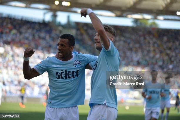 Ciro Immobile of SS lazio celebrates a fourth goal with Luis Naniduring the serie A match between SS Lazio and UC Sampdoria at Stadio Olimpico on...