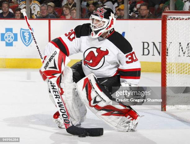 Martin Brodeur of the New Jersey Devils controls the puck against the Pittsburgh Penguins on December 21, 2009 at Mellon Arena in Pittsburgh,...