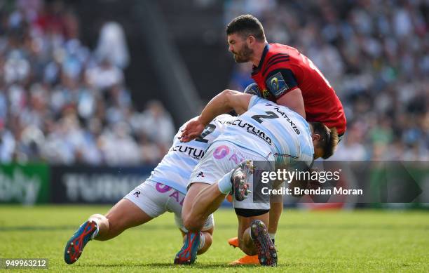 Bordeaux , France - 22 April 2018; Sam Arnold of Munster is tackled by Camille Chat and Henry Chavancy of Racing 92 during the European Rugby...