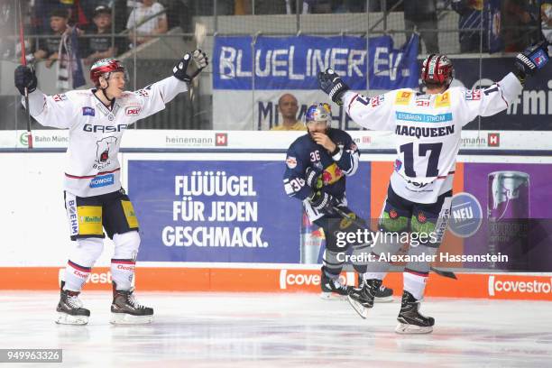 Jamison Macqueen of Eisbaeren Berlin celebrates scoring the winning goal during the DEL Playoff final match 5 between EHC Red Bull Muenchen and...