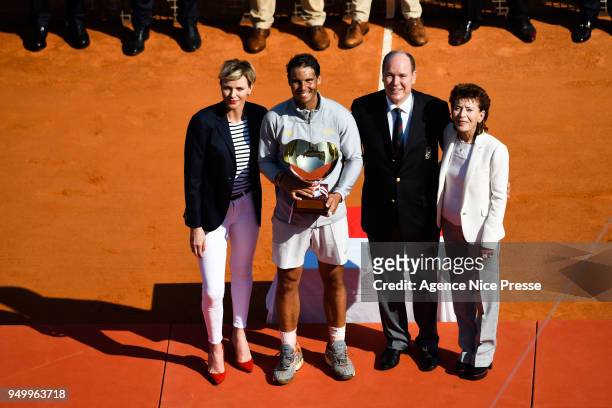 Princess Charlene, Prince Albert of Monaco and Elisabeth Anne de Massy president of Tennis federation of Monaco and Rafael Nadal of Spain during the...