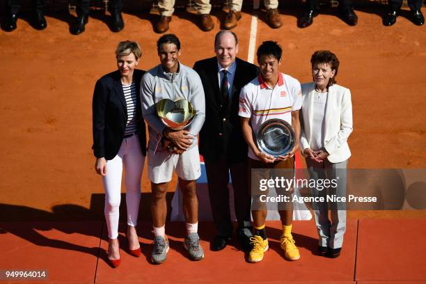 Princess Charlene, Prince Albert of Monaco and Elisabeth Anne de Massy president of Tennis federation of Monaco , Kei Nishikori of Japan and Rafael...