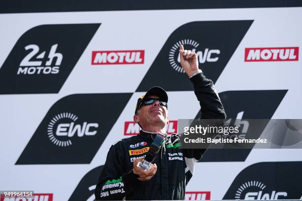 Gilles Stafler, Team Manager of Team SRC Kawasaki celebrates receiving Anthony Delhalle trophy during the 40th Anniversary of 24 Hours of Le Mans...