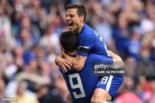 Chelsea's Spanish striker Alvaro Morata celebrates scoring his team's second goal with Chelsea's Spanish defender Cesar Azpilicueta during the...