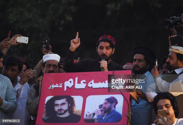 Leader of Pakistan's Pashtun Protection Movement Manzoor Pastheen speaks during a demonstration in Lahore on April 22, 2018. - Thousands of...