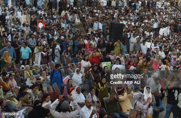 Pakistani members of the Pashtun Protection Movement and student activists gather during a demonstration in Lahore on April 22, 2018. - Thousands of...