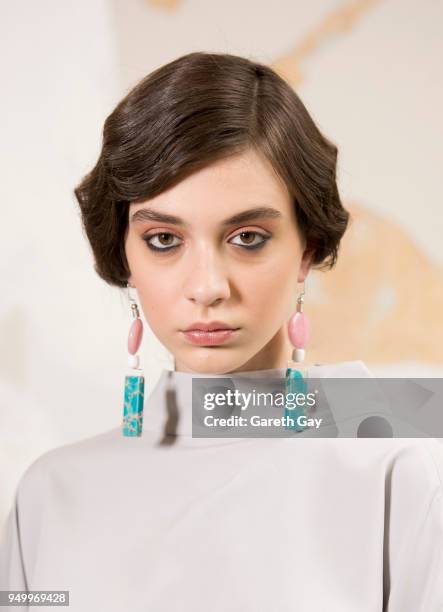 Model posses backstage before the Ethere accesoire show during day four of the Tbilisi Fashion Week at the Tbilisi Balneolical Resort on April 22,...