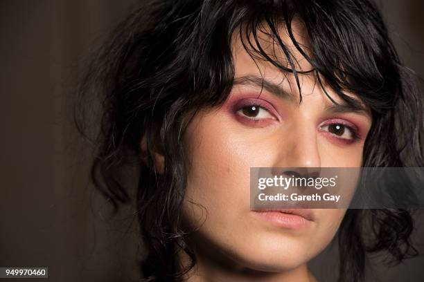 Model posses backstage before the Tsite show during day four of the Tbilisi Fashion Week at the Tbilisi Balneolical Resort on April 22, 2018 in...