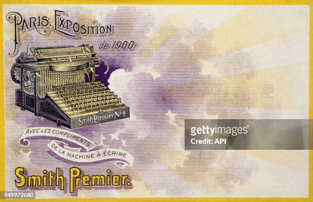 Carte postale publicitaire pour la machine à écrire Smith Premier n°4 lors de l'Exposition Universelle de 1900 à Paris, France.