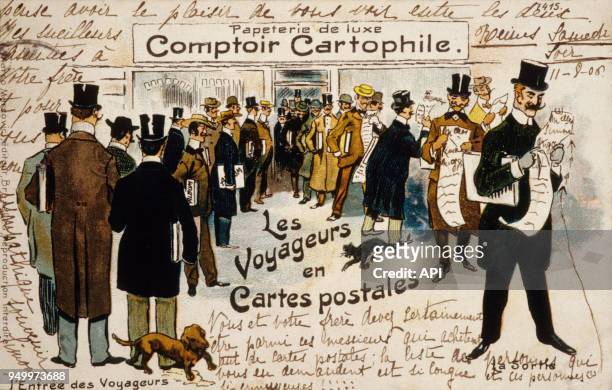 Carte publicitaire du Comptoir Cartophile, avec la mention 'Papeterie de luxe' et 'Les voyageurs en carte postale' Paris, France.
