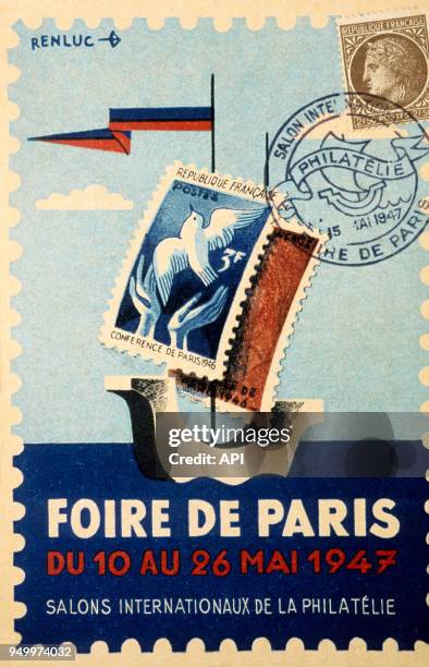 Carte postale publicitaire pour la Foire de Paris, mai 1947, Paris, France.