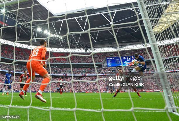 Chelsea's Spanish striker Alvaro Morata scores his team's second goal during the English FA Cup semi-final football match between Chelsea and...