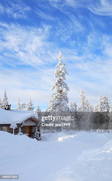 a cabin in the forest covered in snow  - house remote location stock pictures, royalty-free photos & images