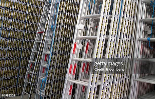 Aluminum ladders are stacked at the Ullrich Aluminium Co. Factory in Auckland, New Zealand, on Tuesday, Dec. 22, 2009. New Zealand GDP figures will...