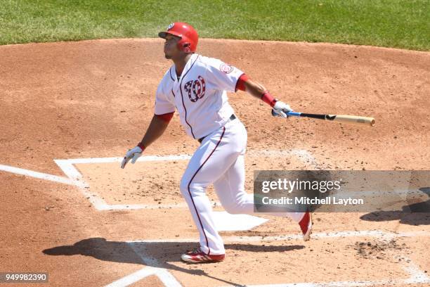 Moises Sierra of the Washington Nationals takes a swing during a baseball game against the Colorado Rockies at Nationals Park on April 14, 2018 in...