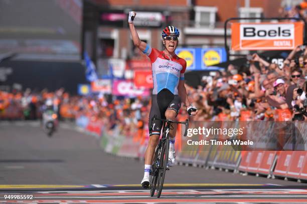 Arrival / Bob Jungels of Luxembourg and Team Quick-Step Floors / Celebration / during the104th Liege-Bastogne-Liege 2018 a 258,5km race from Liege to...