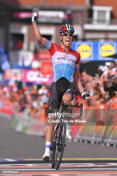 Arrival / Bob Jungels of Luxembourg and Team Quick-Step Floors / Celebration / during the104th Liege-Bastogne-Liege 2018 a 258,5km race from Liege to...