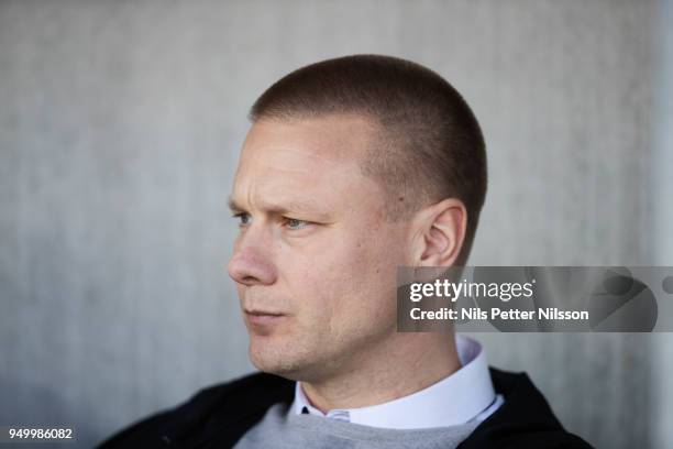 Stefan Billborn, head coach of Hammarby during the Allsvenskan match between BK Hacken and Hammarby IF at Bravida Arena on April 22, 2018 in...