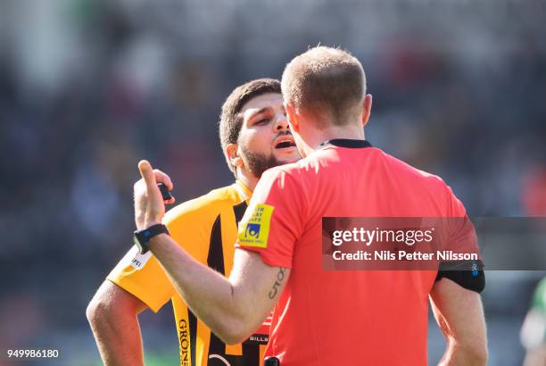 Moestafa El Kabir of BK Hacken in discussion with Patrik Eriksson, referee during the Allsvenskan match between BK Hacken and Hammarby IF at Bravida...