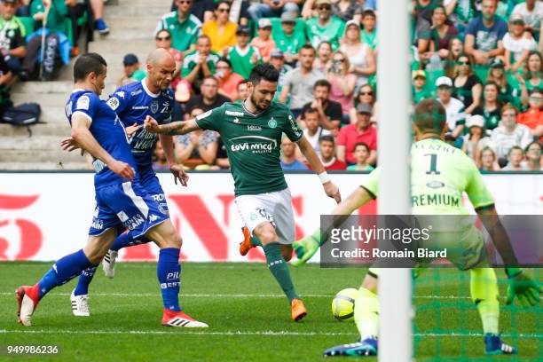 Remy Cabella of Saint Etienne and Nivet Benjamin of Troyes and Zelazny Erwin of Troyes during the Ligue 1 match between AS Saint Etienne and Troyes...