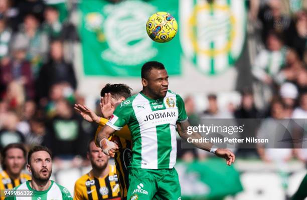 Serge-Junior Martinsson Ngouali of Hammarby shoots a header during the Allsvenskan match between BK Hacken and Hammarby IF at Bravida Arena on April...