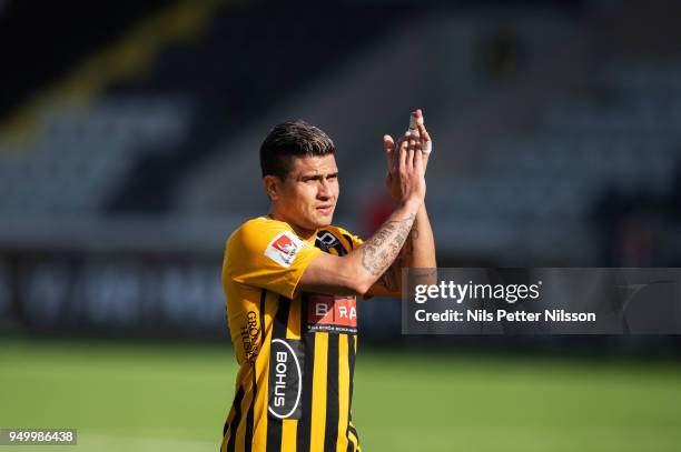 Paulinho of BK Hacken cheers to the fans after the Allsvenskan match between BK Hacken and Hammarby IF at Bravida Arena on April 22, 2018 in...