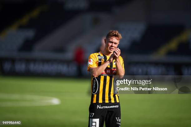 Joel Andersson of BK Hacken cheers to the fans after the Allsvenskan match between BK Hacken and Hammarby IF at Bravida Arena on April 22, 2018 in...
