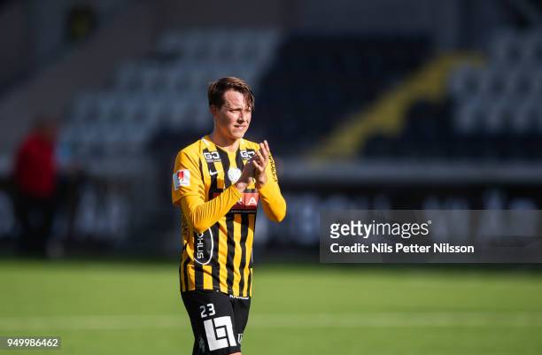 Viktor Lundberg of BK Hacken cheers to the fans after the Allsvenskan match between BK Hacken and Hammarby IF at Bravida Arena on April 22, 2018 in...