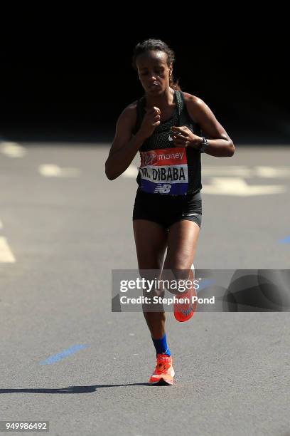 Mare Dibaba of Ethiopia during the Virgin Money London Marathon on April 22, 2018 in London, England.