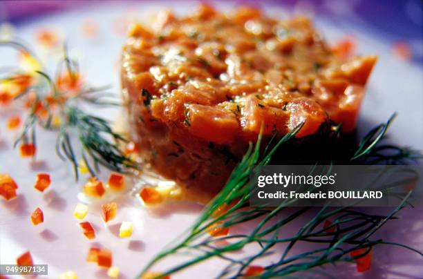 Salmon tartare with dill. Tartare de saumon à l'aneth.