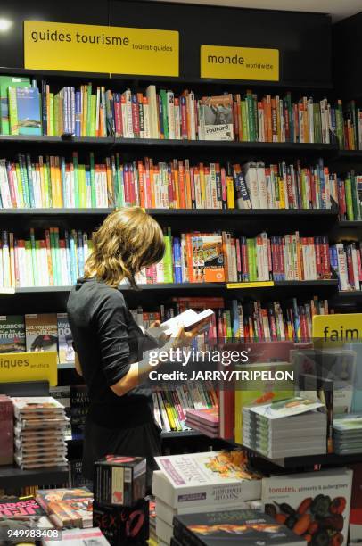 The bookshop of the Publicis Drugstore in The Champs Elysees avenue, 8 th district in Paris, Ile de France region, France.