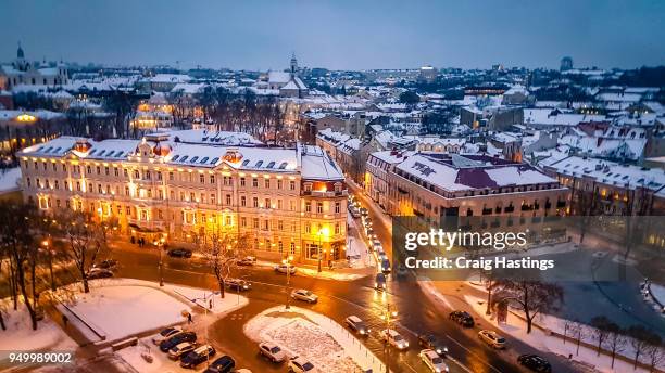 vilnius night street scene architecture snowy city view cityscape - vilnius street stock pictures, royalty-free photos & images