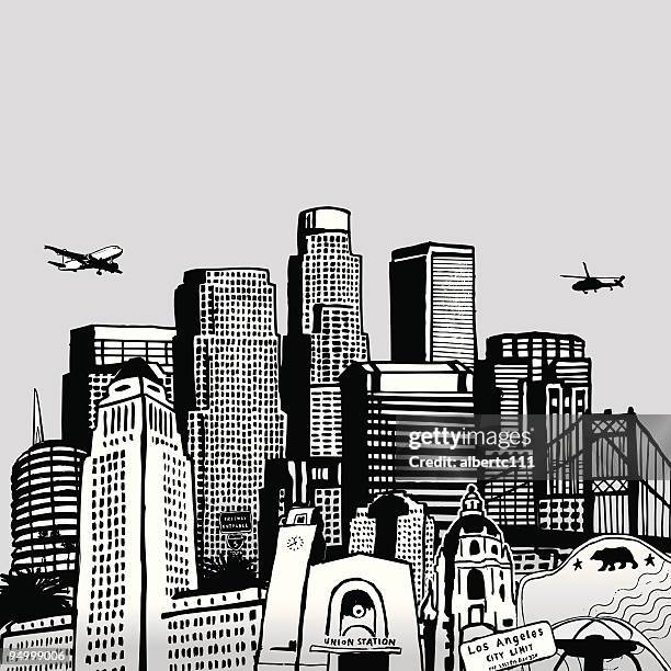 hand drawn los angeles skyline der - pasadena california stock-grafiken, -clipart, -cartoons und -symbole