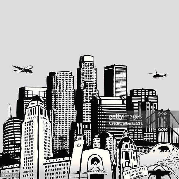 hand drawn los angeles cityscape - lax airport stock illustrations