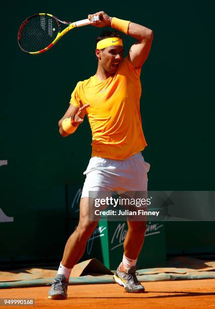 Rafael Nadal of Spain in action against Kei Nishikori of Japan during day eight of ATP Masters Series: Monte Carlo Rolex Masters at Monte-Carlo...