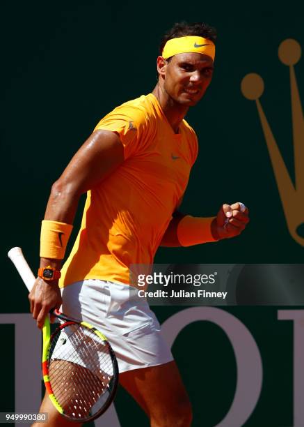 Rafael Nadal of Spain celebrates winning a game against Kei Nishikori of Japan during day eight of ATP Masters Series: Monte Carlo Rolex Masters at...