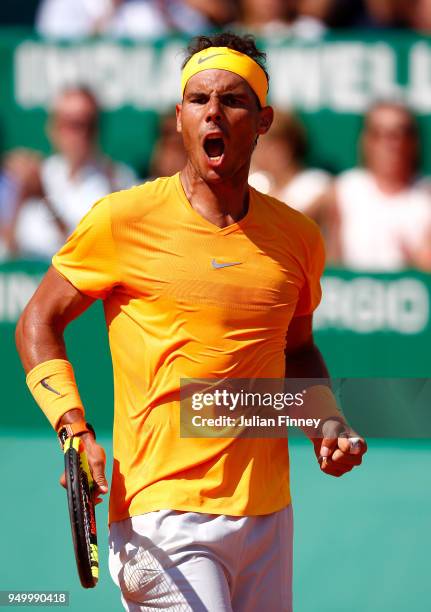 Rafael Nadal of Spain celebrates winning the first set against Kei Nishikori of Japan during day eight of ATP Masters Series: Monte Carlo Rolex...