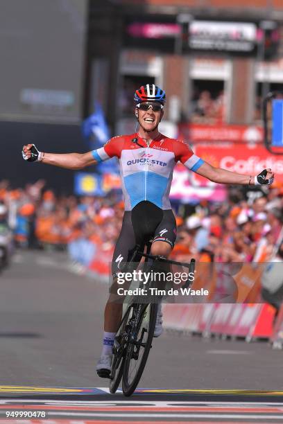 Arrival / Bob Jungels of Luxembourg and Team Quick-Step Floors / Celebration / during the104th Liege-Bastogne-Liege 2018 a 258,5km race from Liege to...