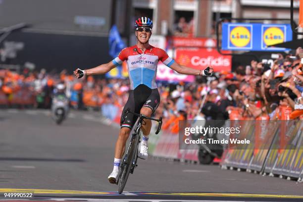 Arrival / Bob Jungels of Luxembourg and Team Quick-Step Floors / Celebration / during the104th Liege-Bastogne-Liege 2018 a 258,5km race from Liege to...